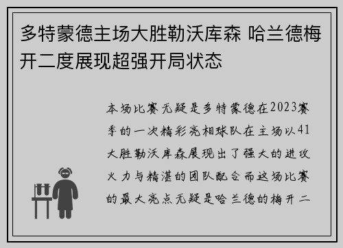 多特蒙德主场大胜勒沃库森 哈兰德梅开二度展现超强开局状态