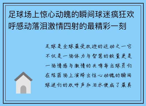 足球场上惊心动魄的瞬间球迷疯狂欢呼感动落泪激情四射的最精彩一刻