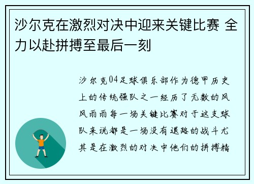 沙尔克在激烈对决中迎来关键比赛 全力以赴拼搏至最后一刻
