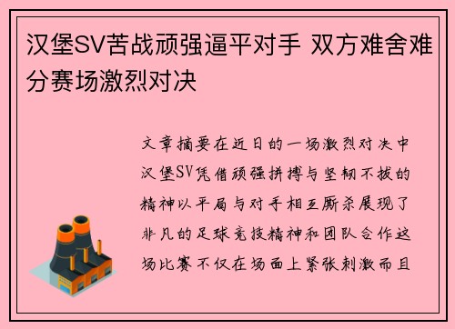 汉堡SV苦战顽强逼平对手 双方难舍难分赛场激烈对决