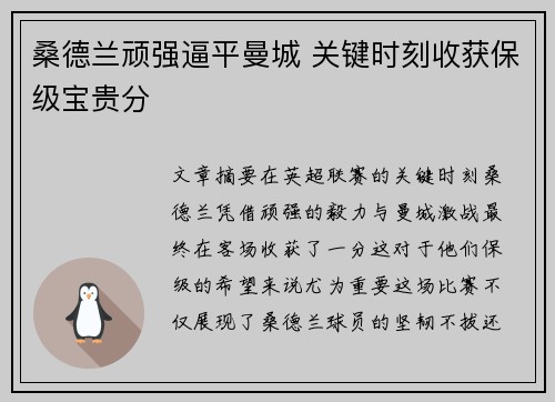 桑德兰顽强逼平曼城 关键时刻收获保级宝贵分 桑德兰顽强逼平曼城 关键时刻收获保级宝贵分